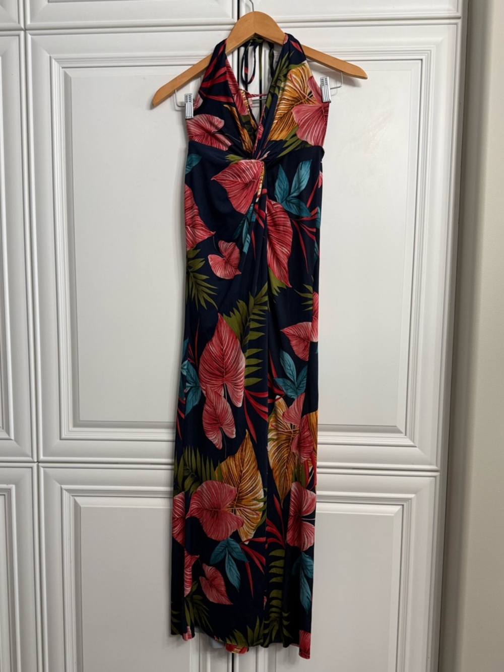 Hot Miami Styles Sz Large Halter Maxi Sundress Open Skirt Navy w/Tropical Print